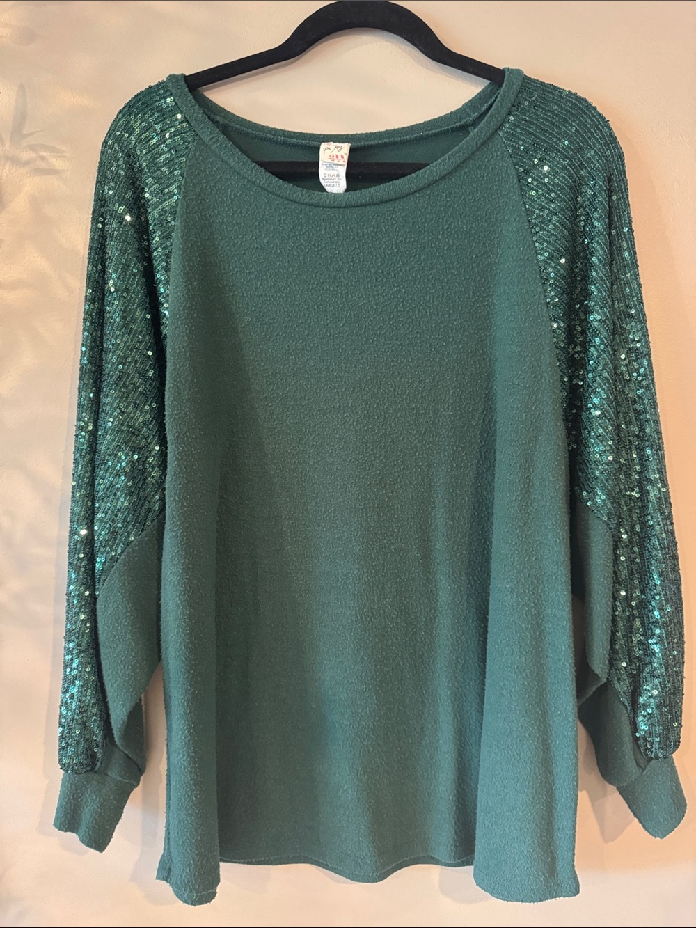 Sequin Sleeve Crewneck Top - Green Large